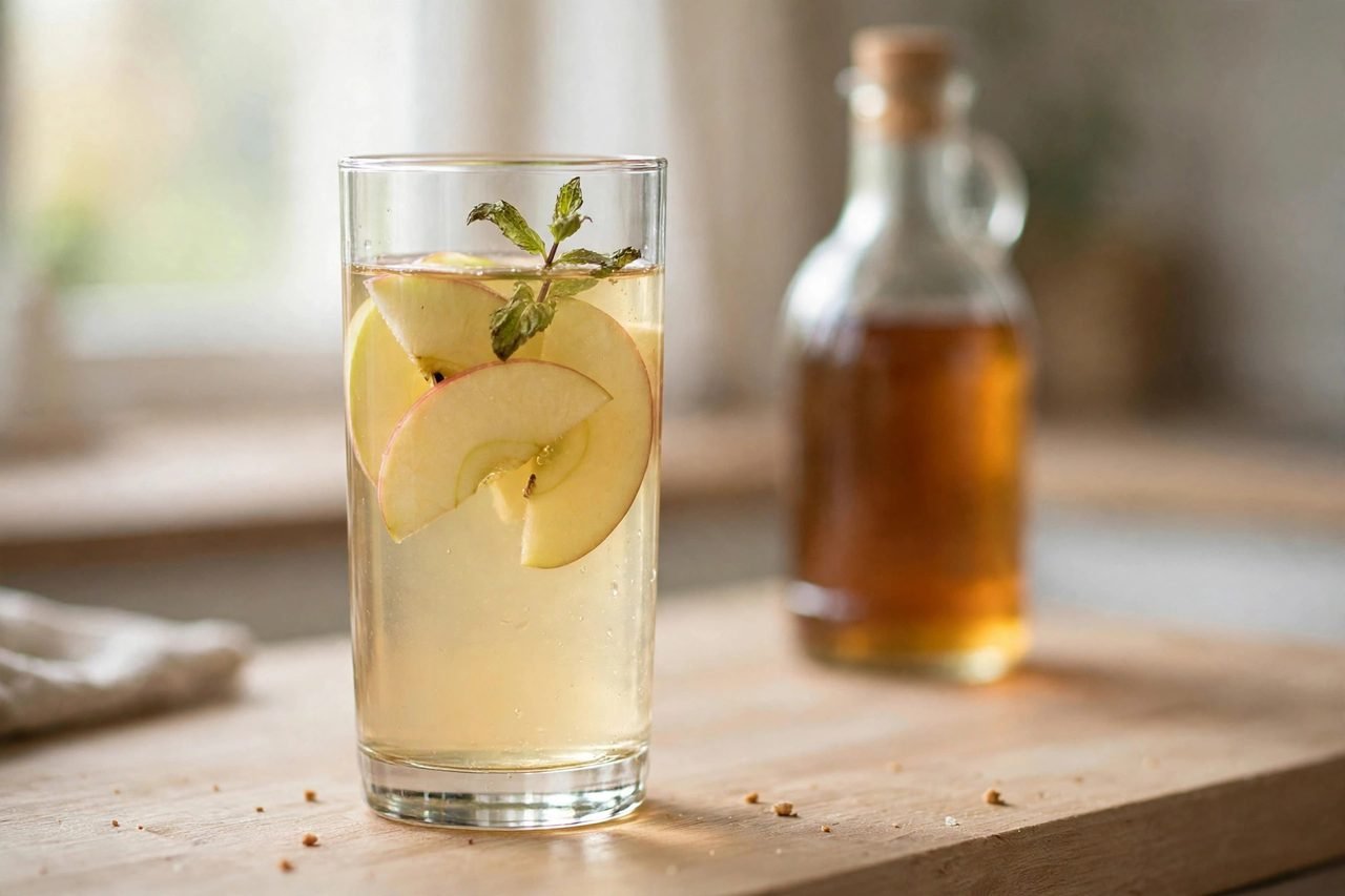 Glass of diluted apple cider vinegar water with apple slices and a bottle of apple cider vinegar on a kitchen counter