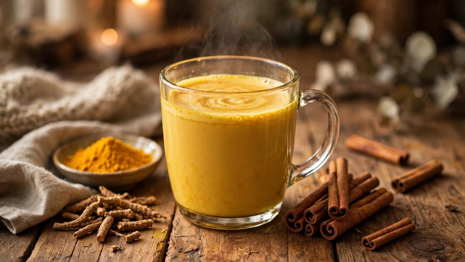 Glass mug of warm golden milk made with turmeric and ashwagandha on a wooden table with cinnamon sticks nearby