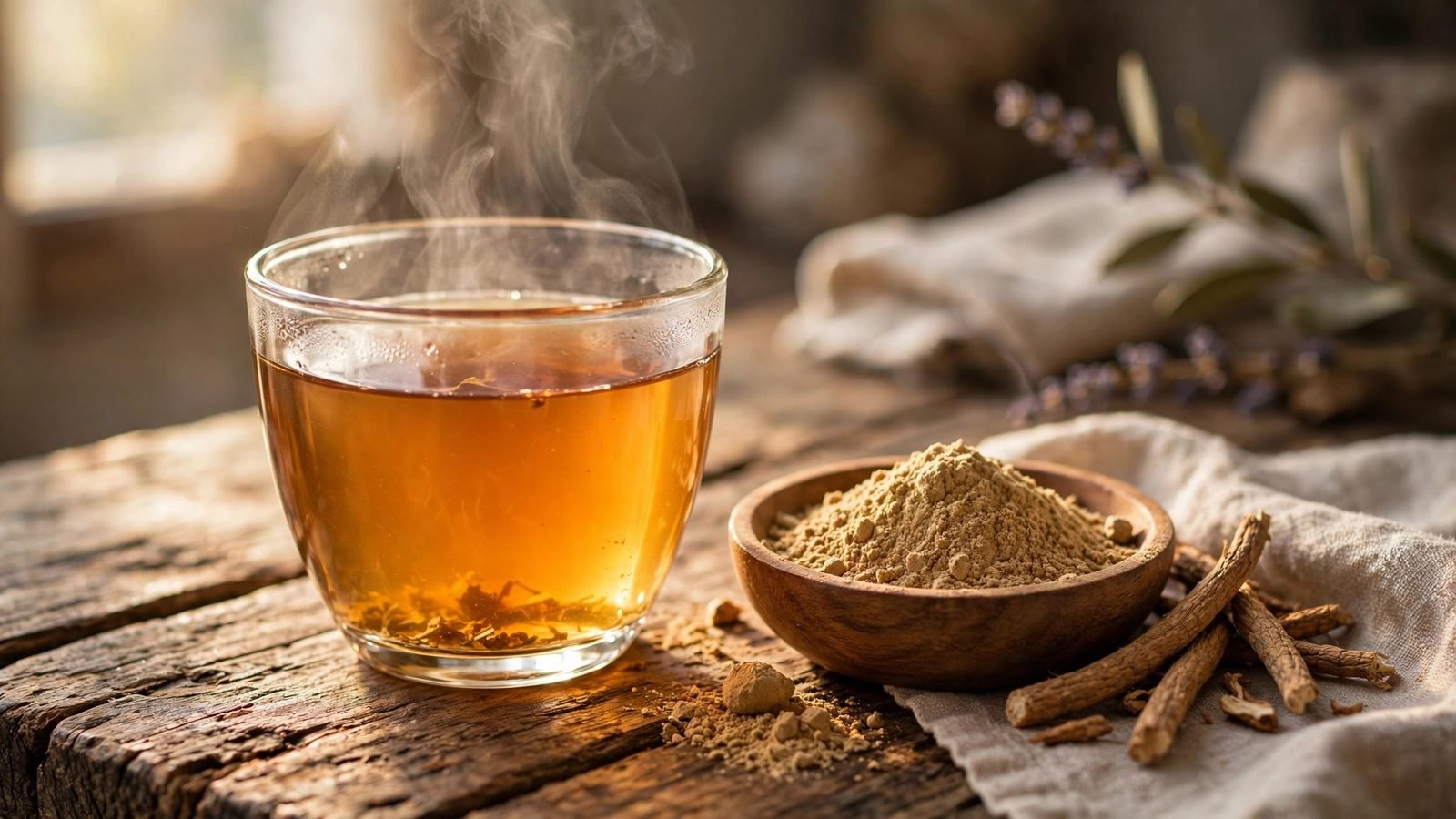 Clear glass cup of steaming amber ashwagandha tea beside a small wooden bowl of ashwagandha root powder on a rustic wooden table in warm morning light