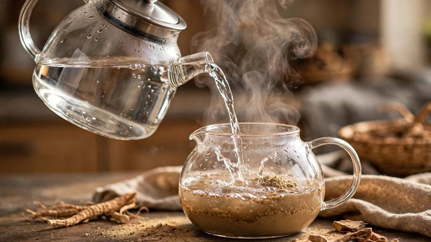 Hot water being poured from a clear glass kettle into a glass teapot with ashwagandha root powder, steam rising