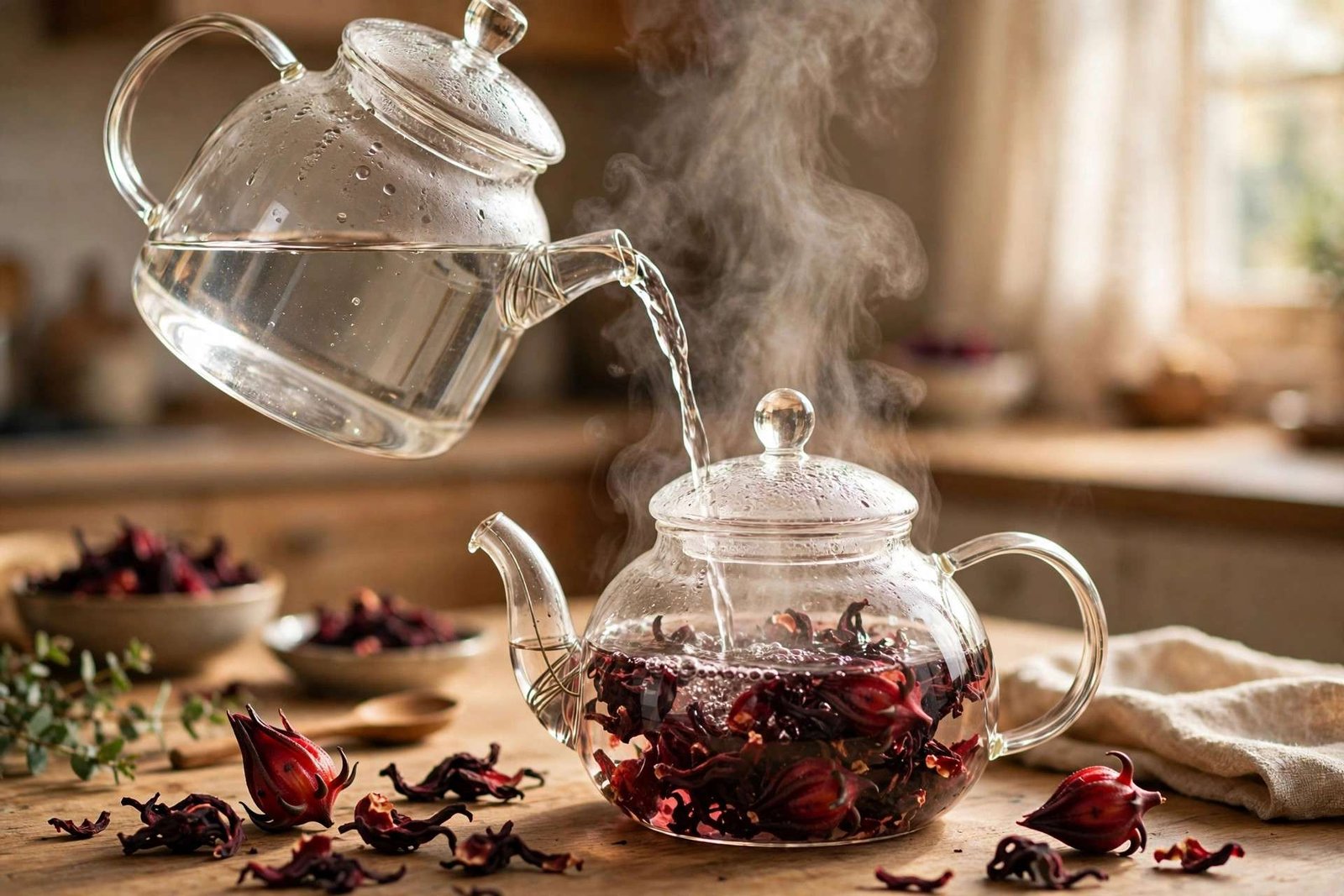Hot water poured over dried hibiscus calyces in a glass teapot