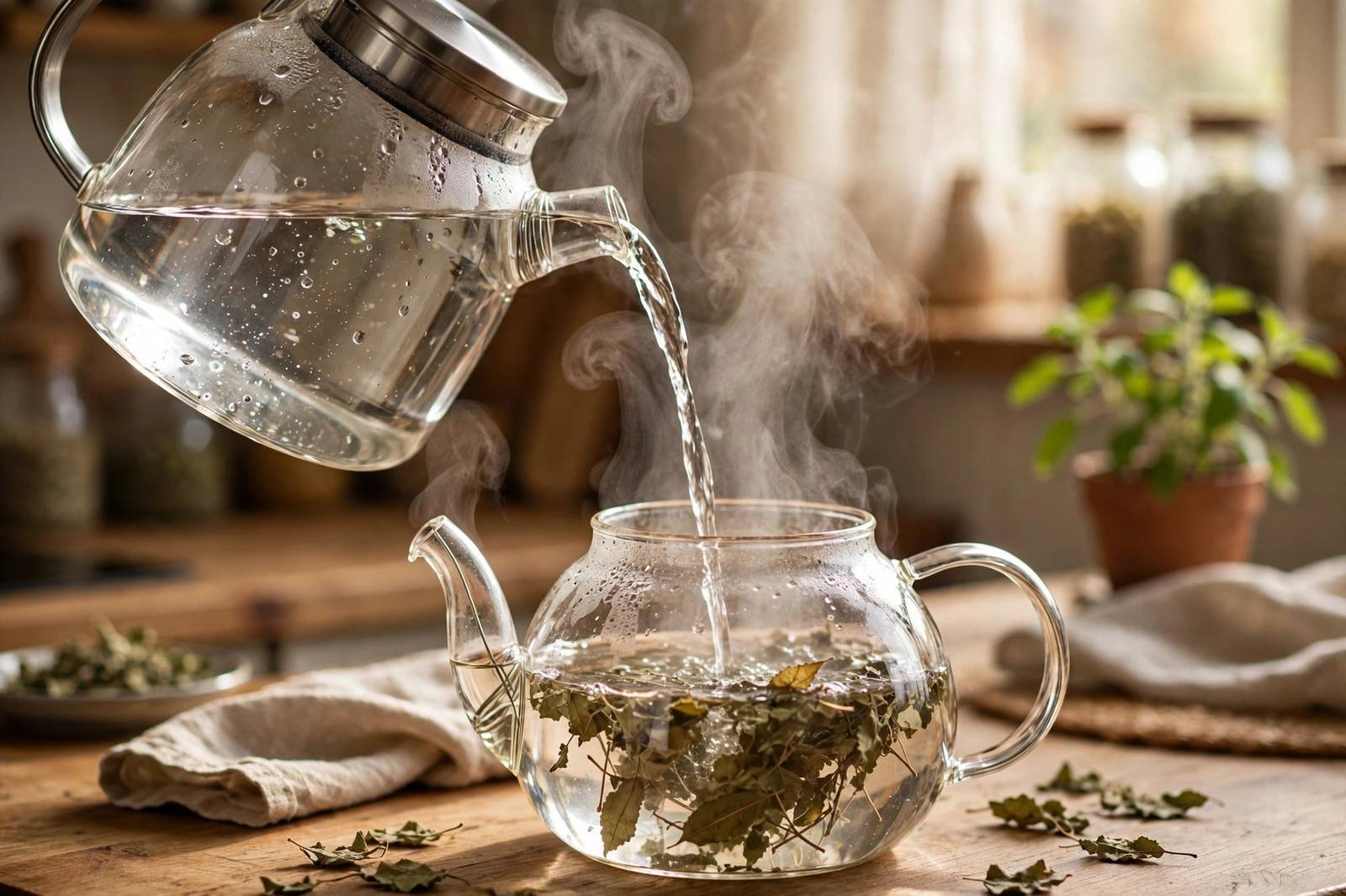Hot water being poured from a steel kettle over tulsi leaves in a glass teapot
