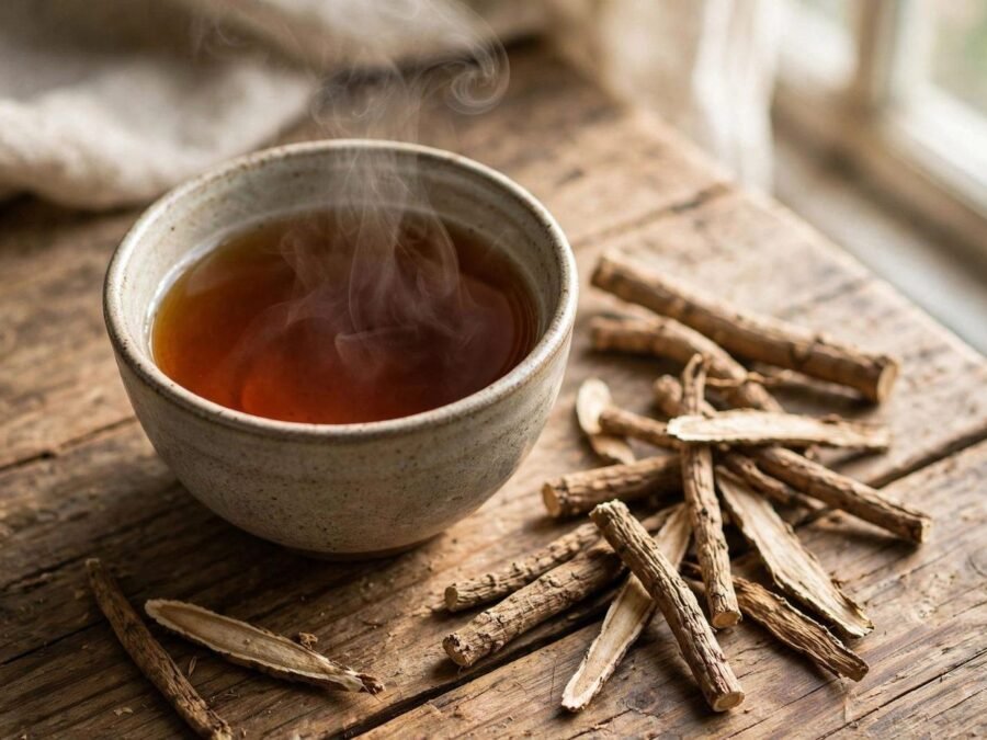 A steaming cup of burdock root tea with dried burdock root pieces beside it