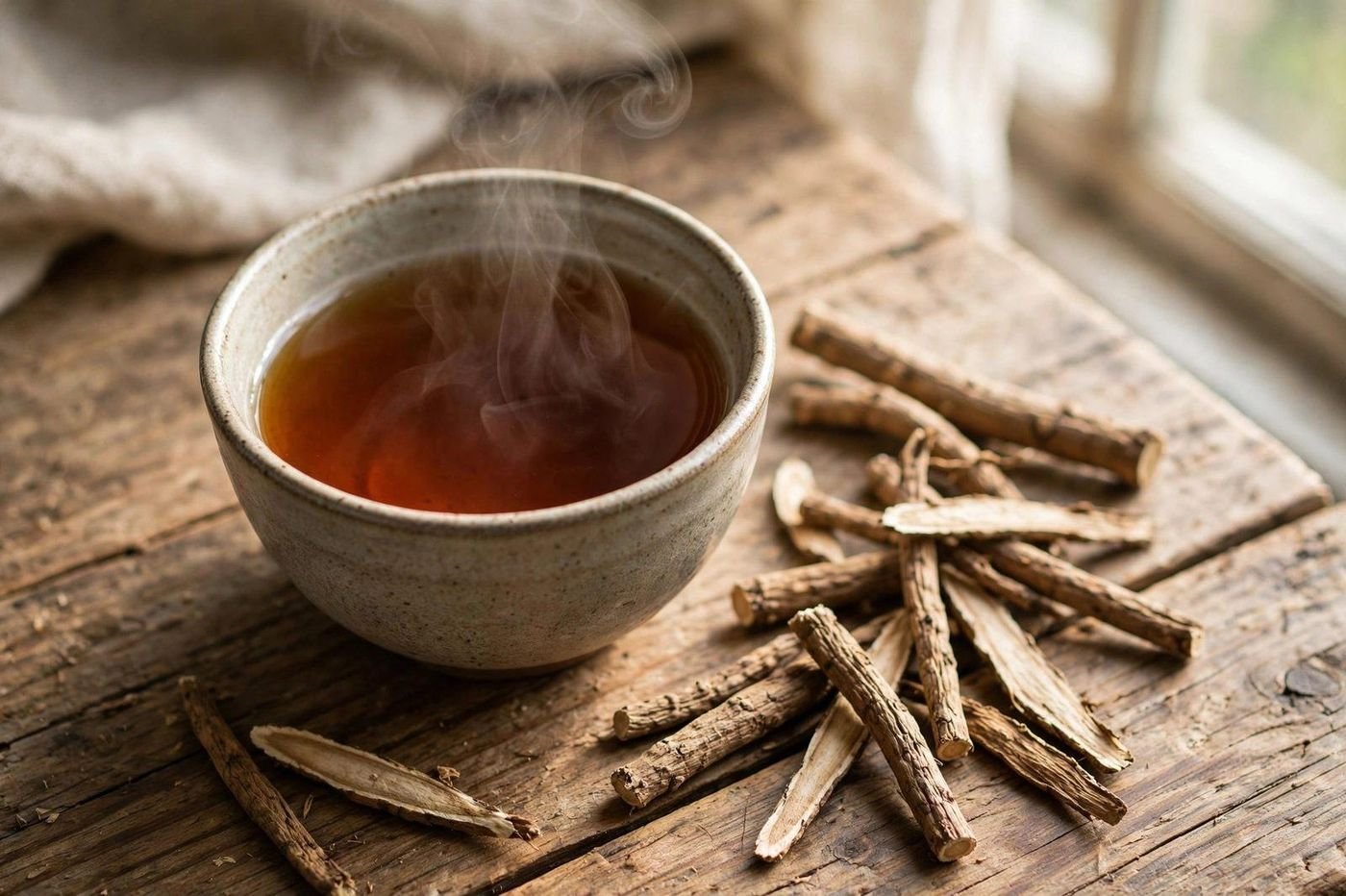A steaming cup of burdock root tea with dried burdock root pieces beside it
