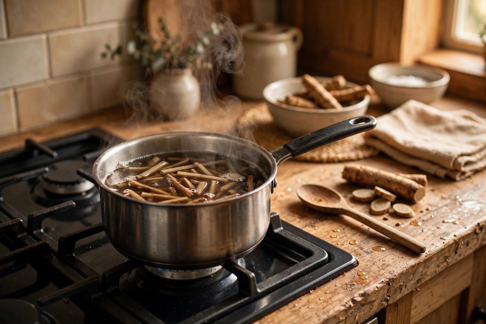 Burdock root tea simmering in a saucepan on a stove