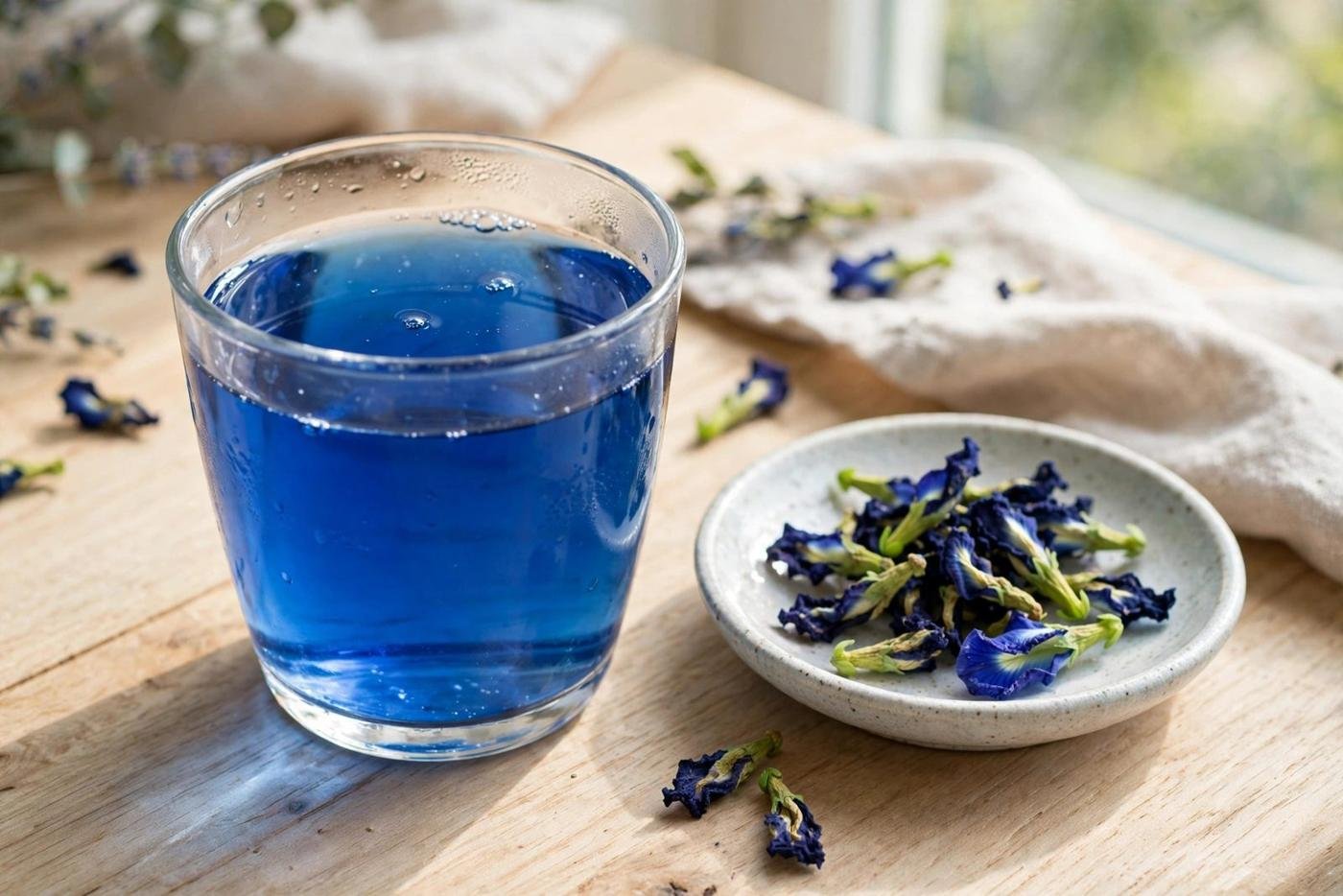 Clear glass cup of vivid blue butterfly pea flower tea beside a small dish of dried deep-blue butterfly pea flowers