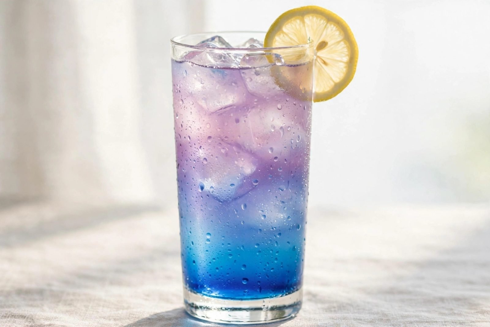 Tall glass of iced butterfly pea lemonade with a blue-to-purple gradient, lemon slice and ice cubes