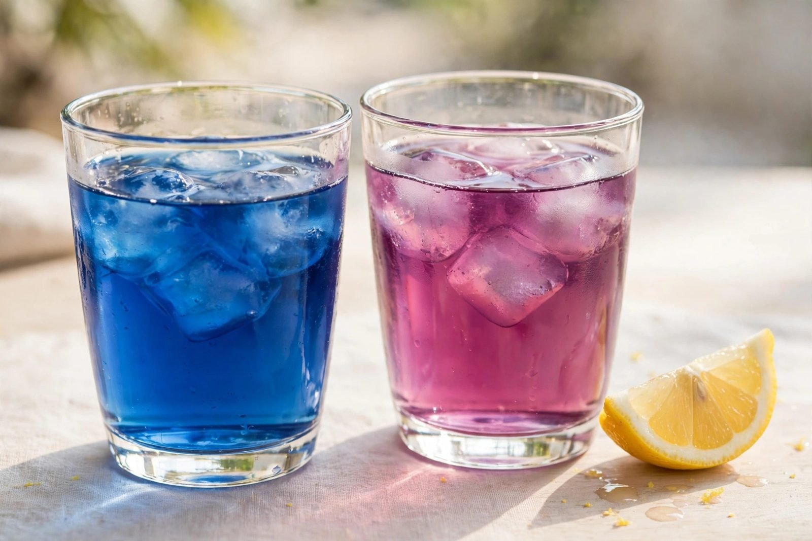 Two glasses side by side showing the color-change effect of butterfly pea tea — vivid blue tea and purple-pink tea after lemon was added, with a lemon wedge
