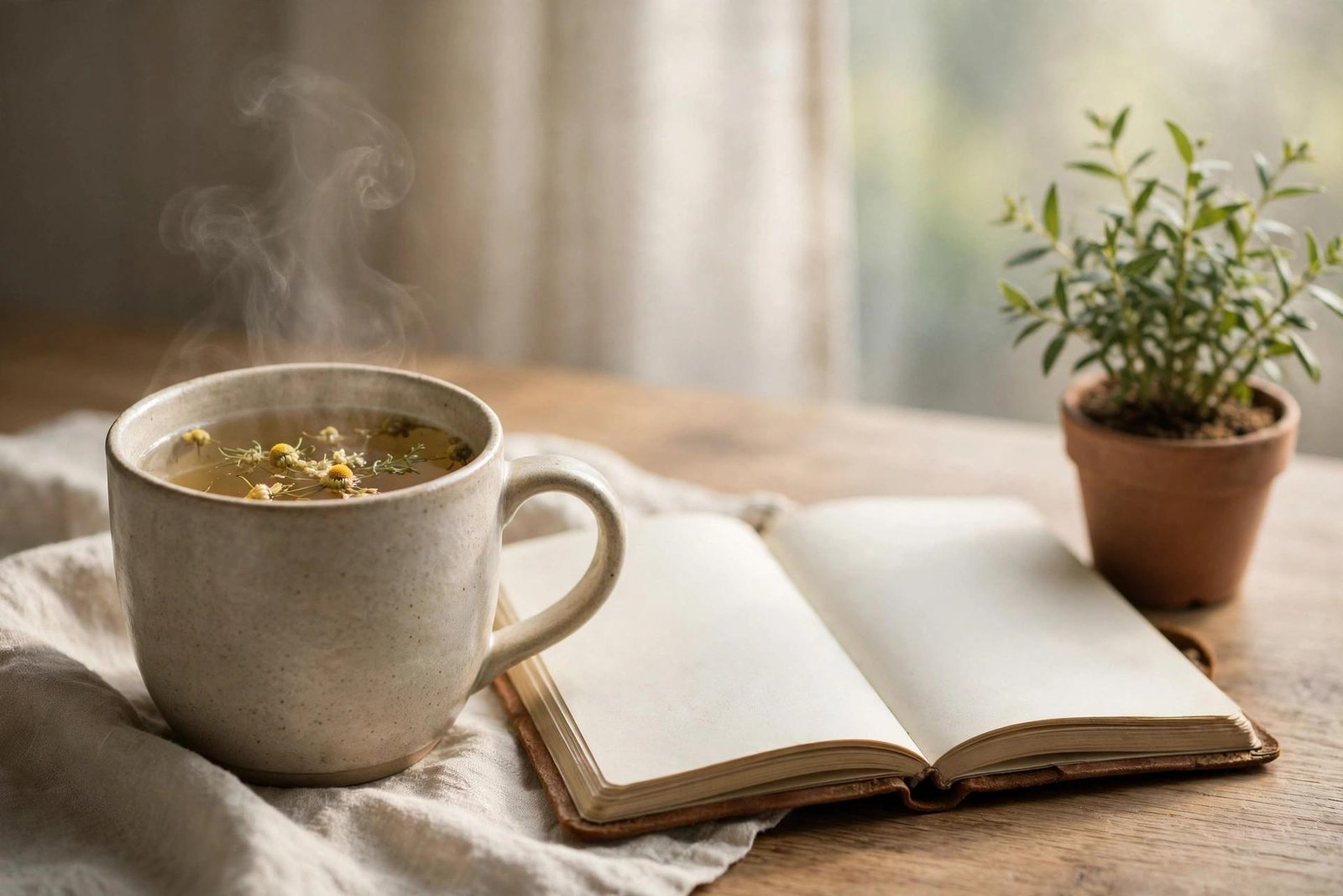 Herbal tea beside a journal on a desk in morning light