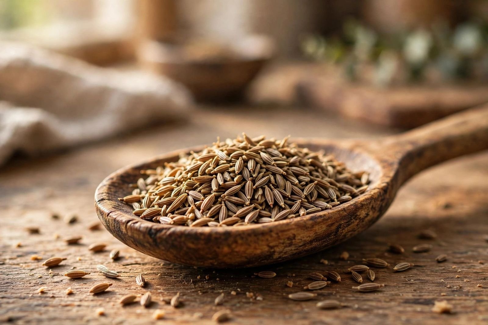 Close-up of dried cumin seeds in a wooden spoon on a rustic kitchen table