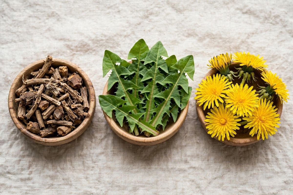 Three wooden bowls with dried dandelion root pieces, fresh dandelion leaves, and yellow dandelion flowers
