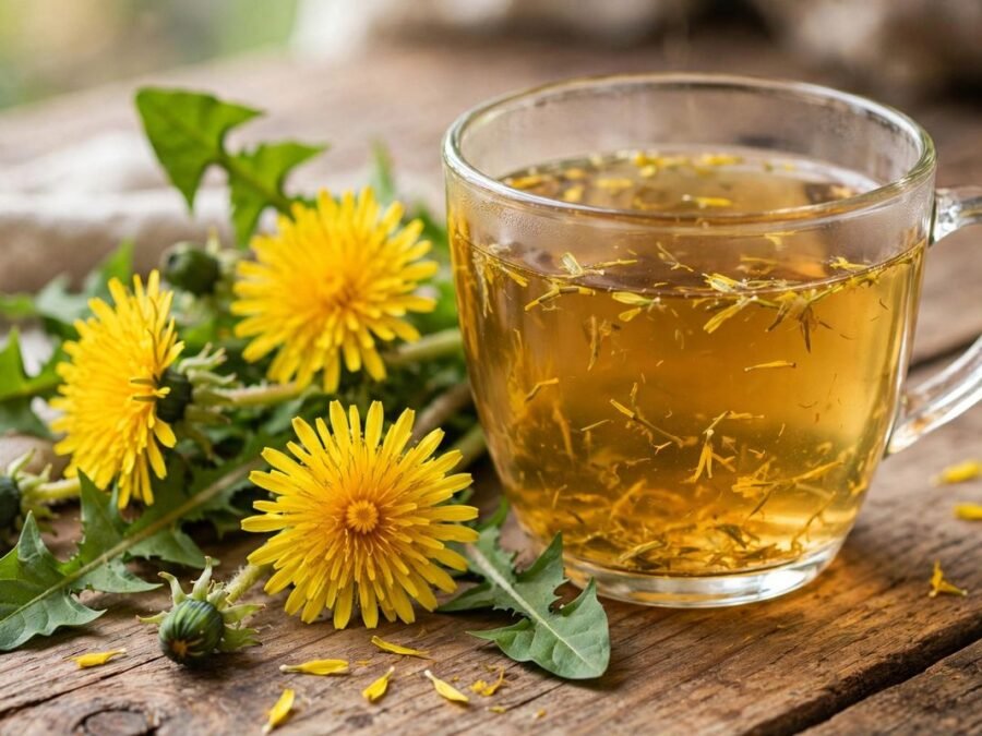 Glass cup of golden dandelion tea with fresh yellow dandelion flowers and green leaves on a rustic wooden table