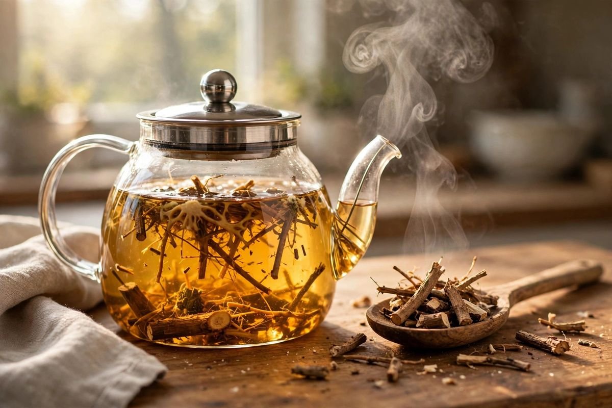 Clear glass teapot brewing golden dandelion tea with steam rising and dried root pieces nearby