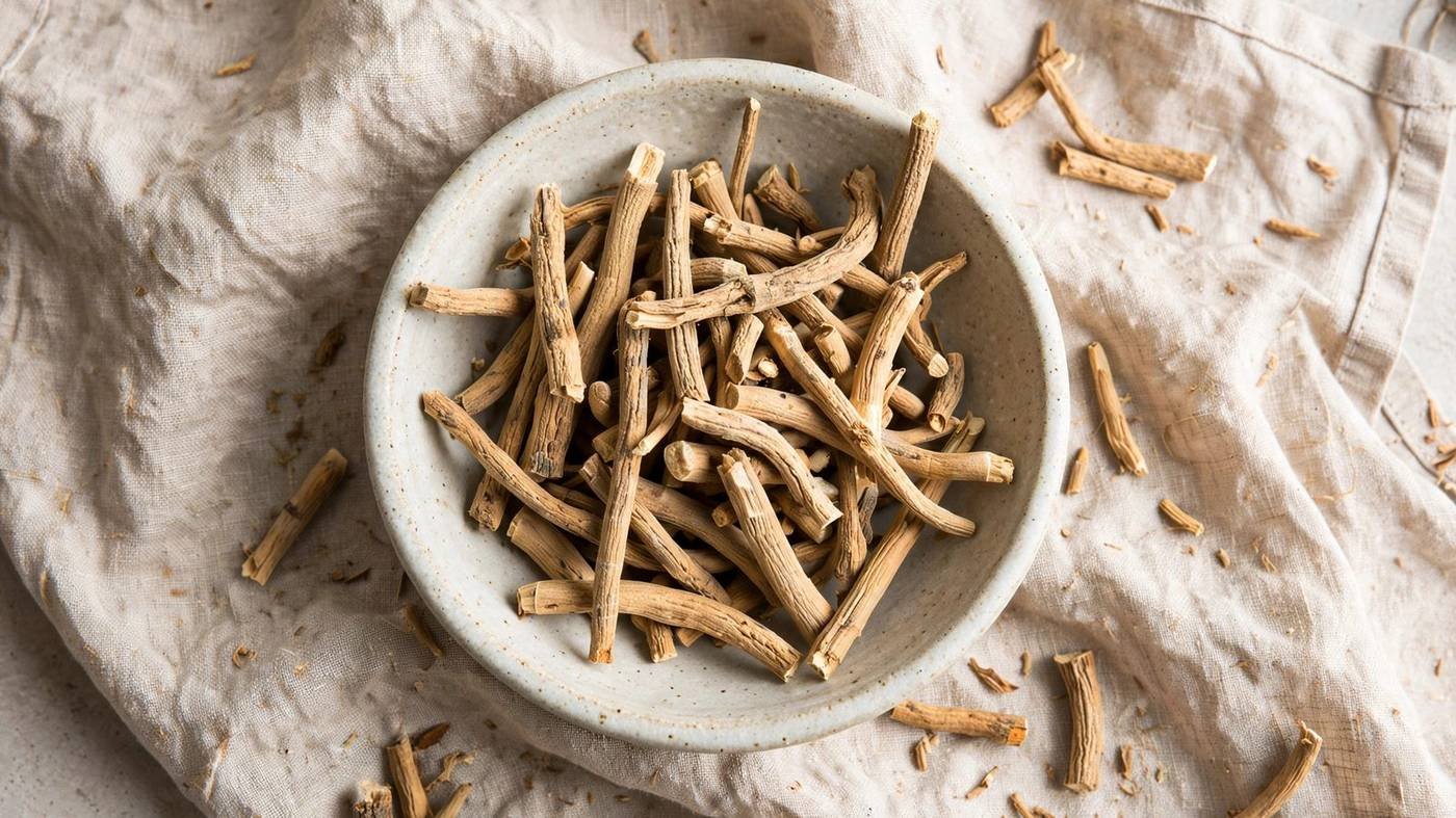Top-down view of dried ashwagandha root pieces in a ceramic bowl on a linen cloth