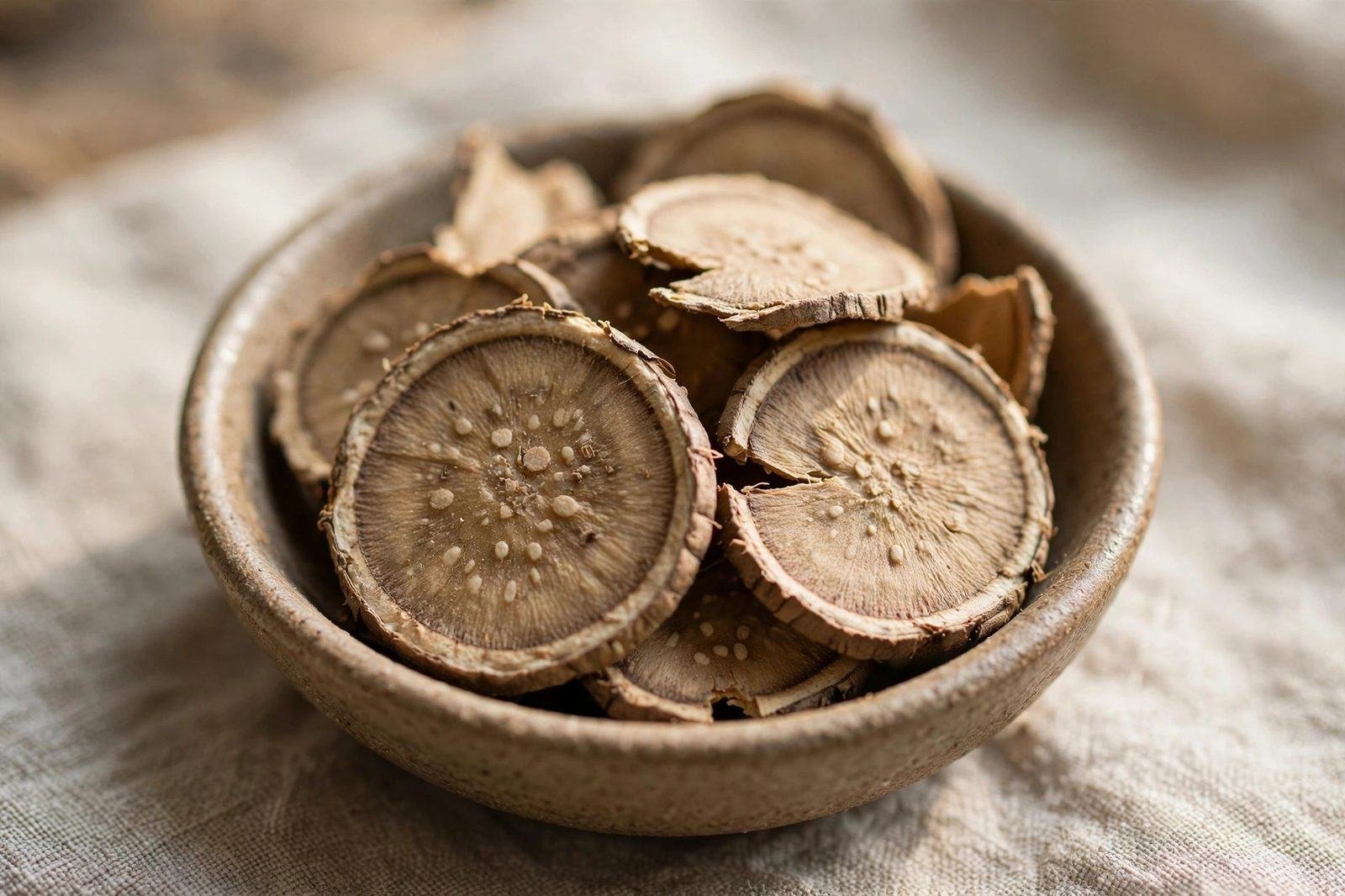 Dried sliced burdock root pieces in a ceramic bowl