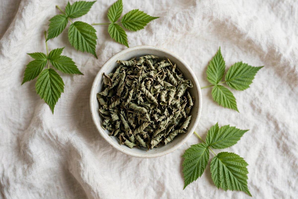Top-down view of a ceramic bowl of dried green raspberry leaves on a linen cloth with fresh raspberry leaves scattered nearby