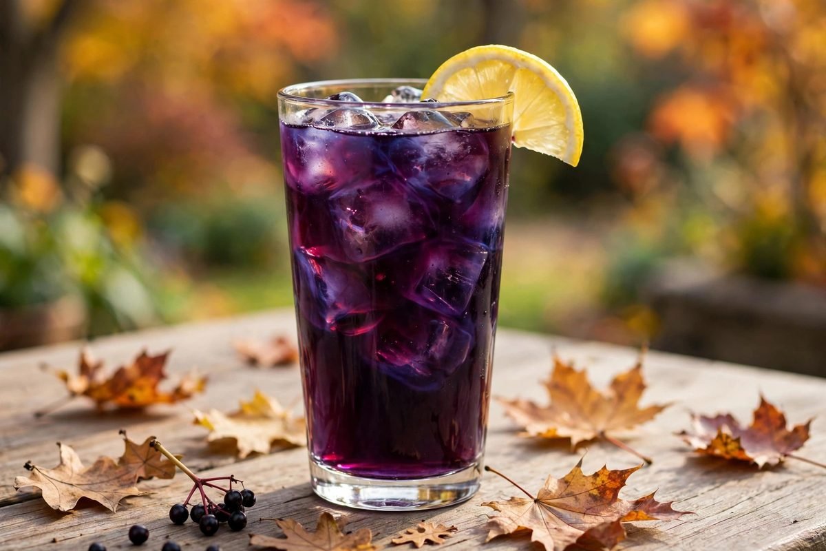 Tall glass of iced deep purple elderberry tea with ice cubes and a lemon wedge on a bright outdoor table