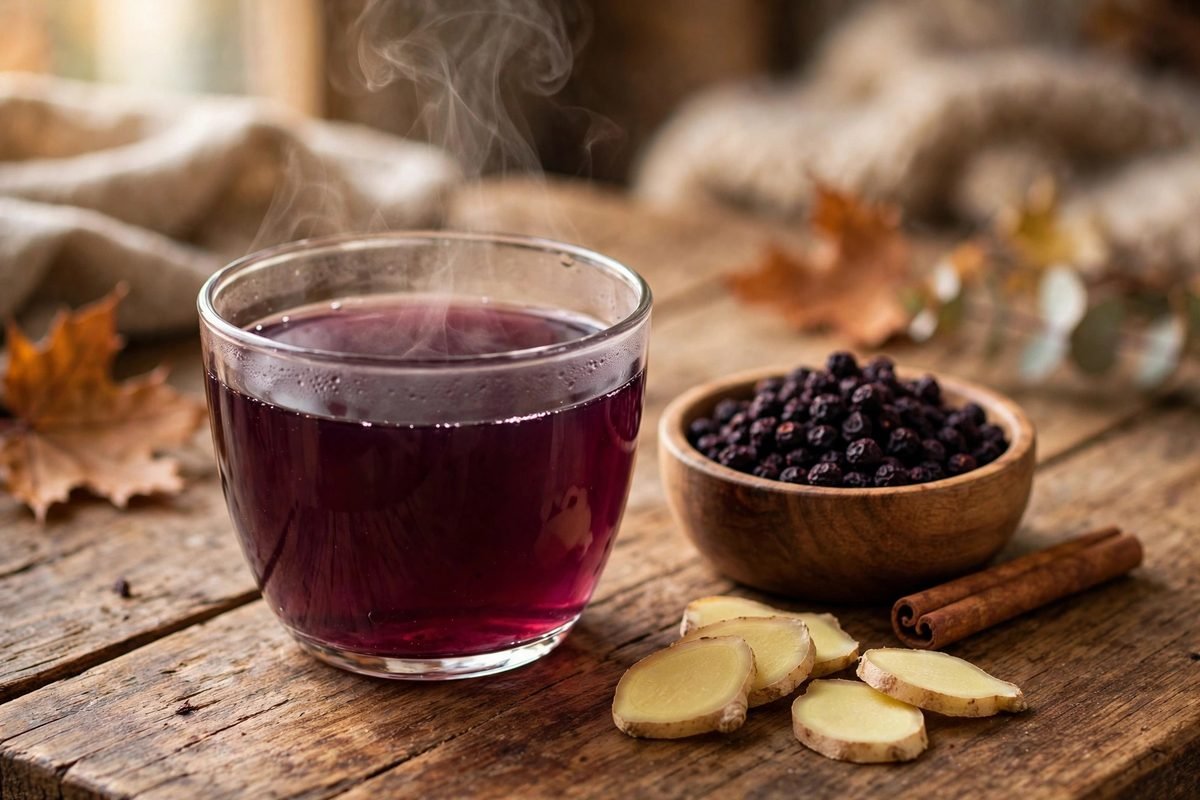 Glass cup of steaming deep-purple elderberry tea with a wooden bowl of dried elderberries, cinnamon stick and ginger slices on a wooden table