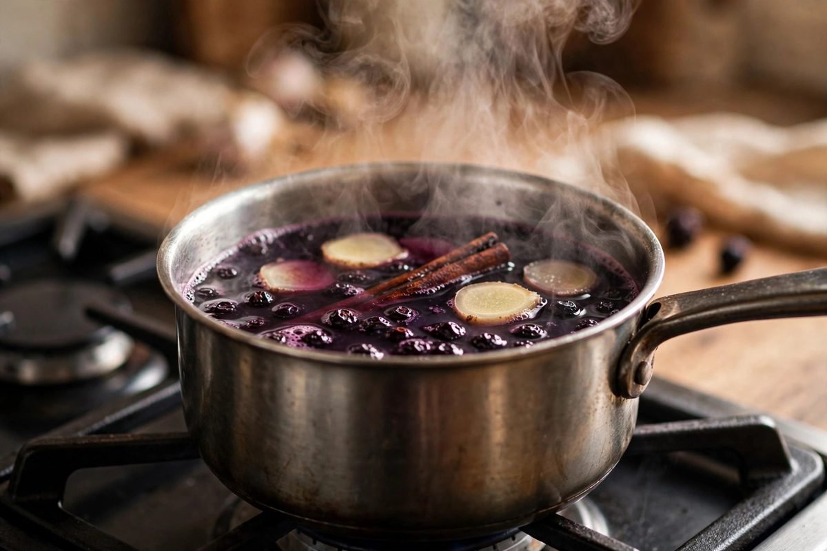 Small saucepan of deep purple elderberry tea simmering on a stovetop with cinnamon stick and ginger slices, steam rising