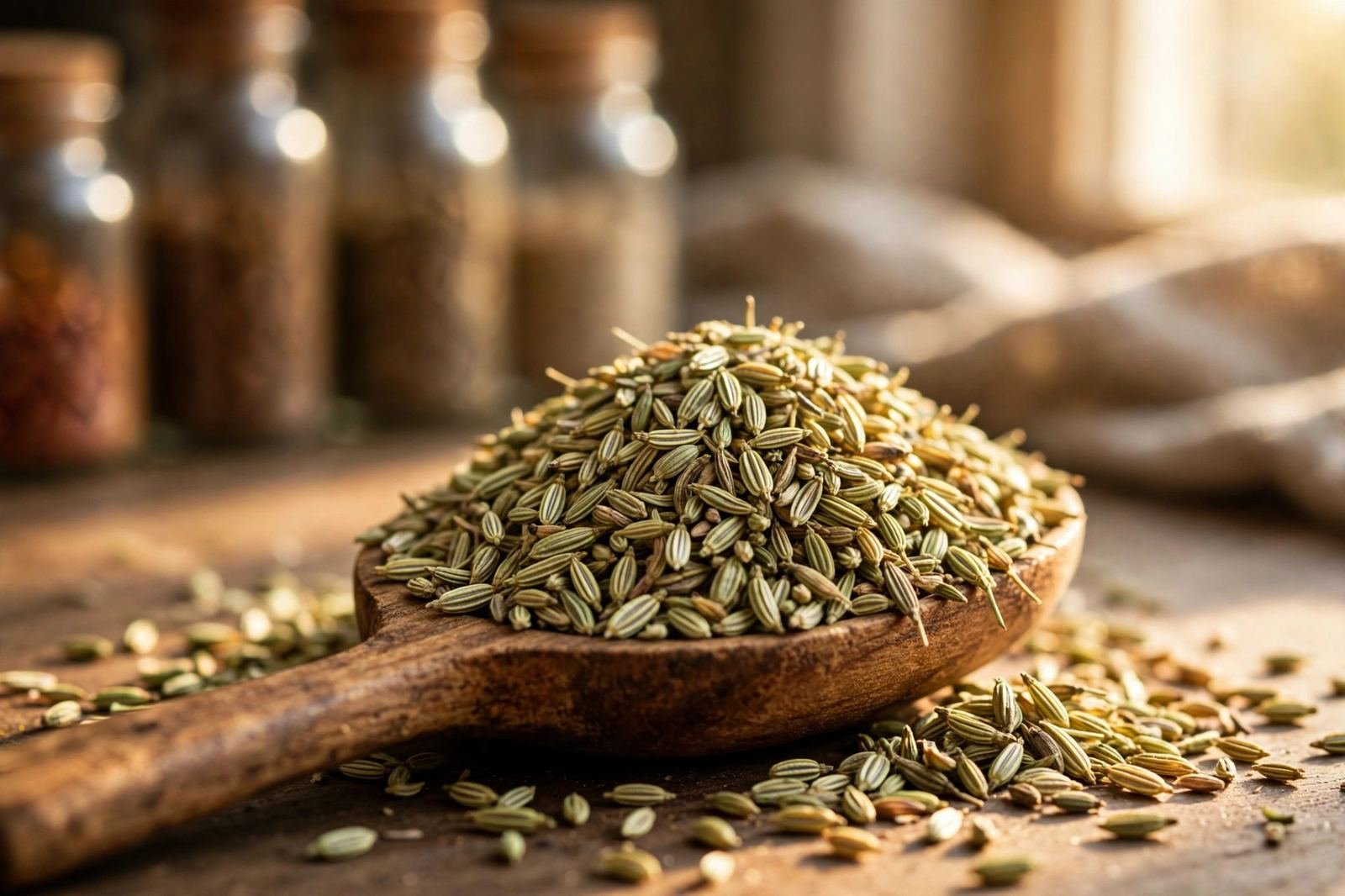 Close-up of dried fennel seeds in a wooden spoon on a rustic table