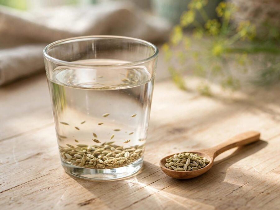 A glass of fennel seeds water with scattered fennel seeds