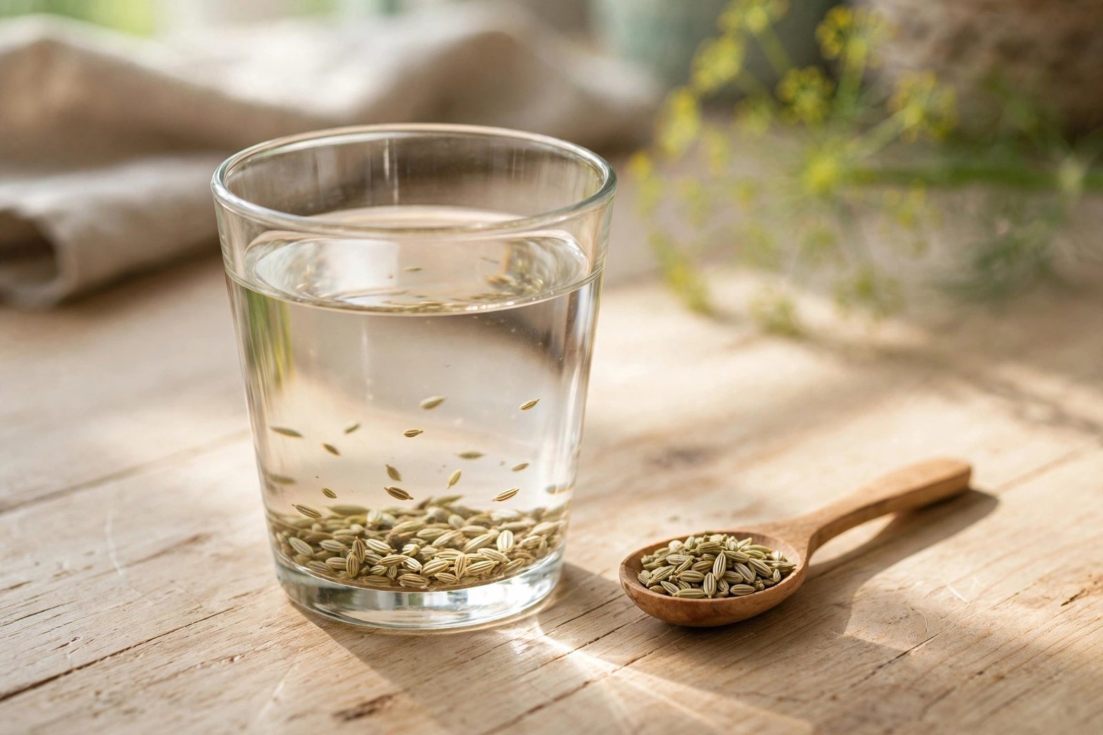 A glass of fennel seeds water with scattered fennel seeds