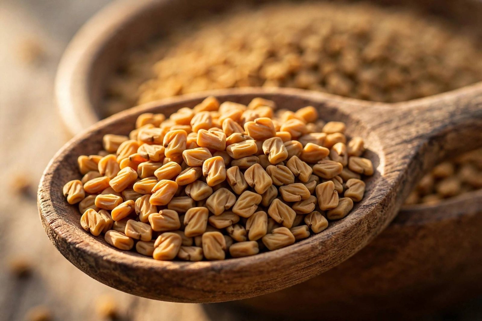 Close-up of dry fenugreek seeds (methi dana) in a wooden spoon
