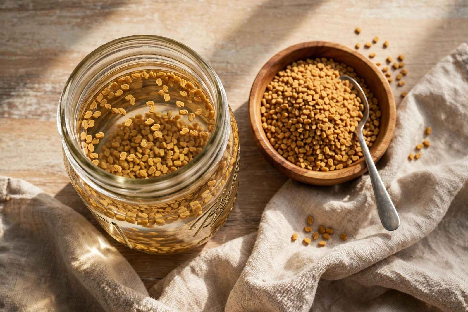 Overnight soak method: fenugreek seeds soaking in a mason jar of water beside a bowl of dry seeds