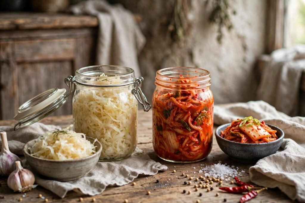 Glass jars of sauerkraut and kimchi