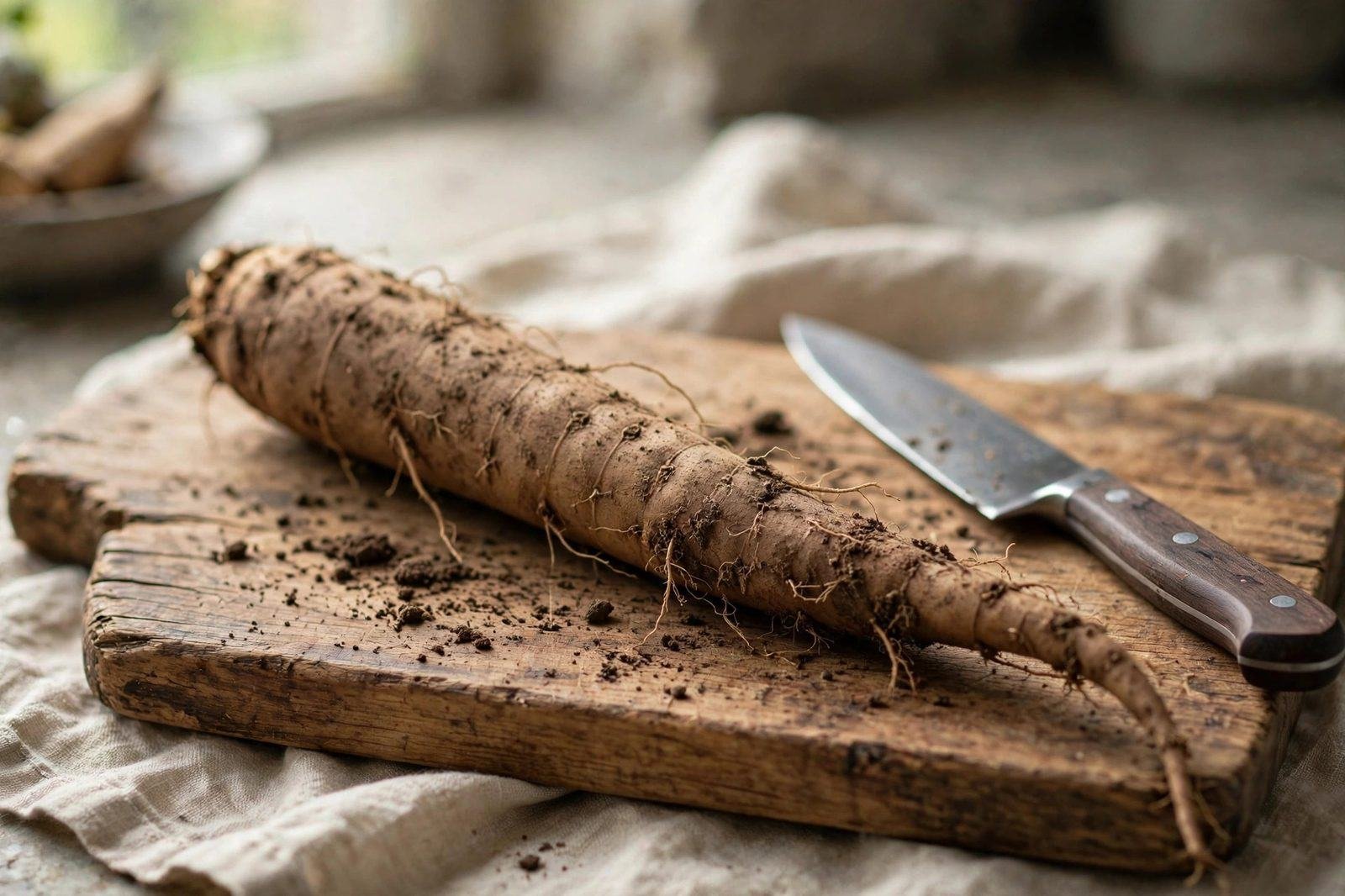 Fresh whole burdock root gobo on a wooden cutting board