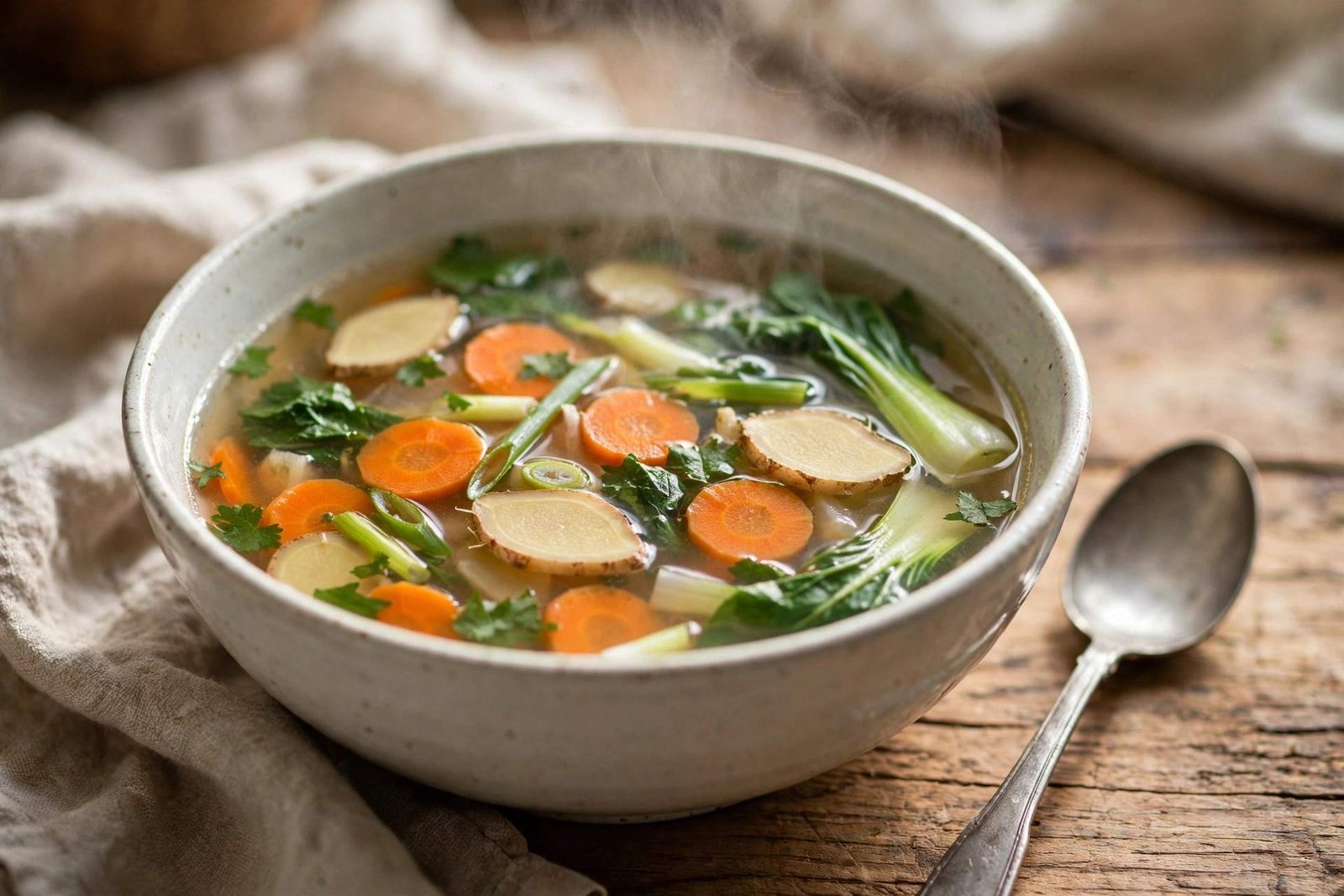 Steaming bowl of vegetable soup