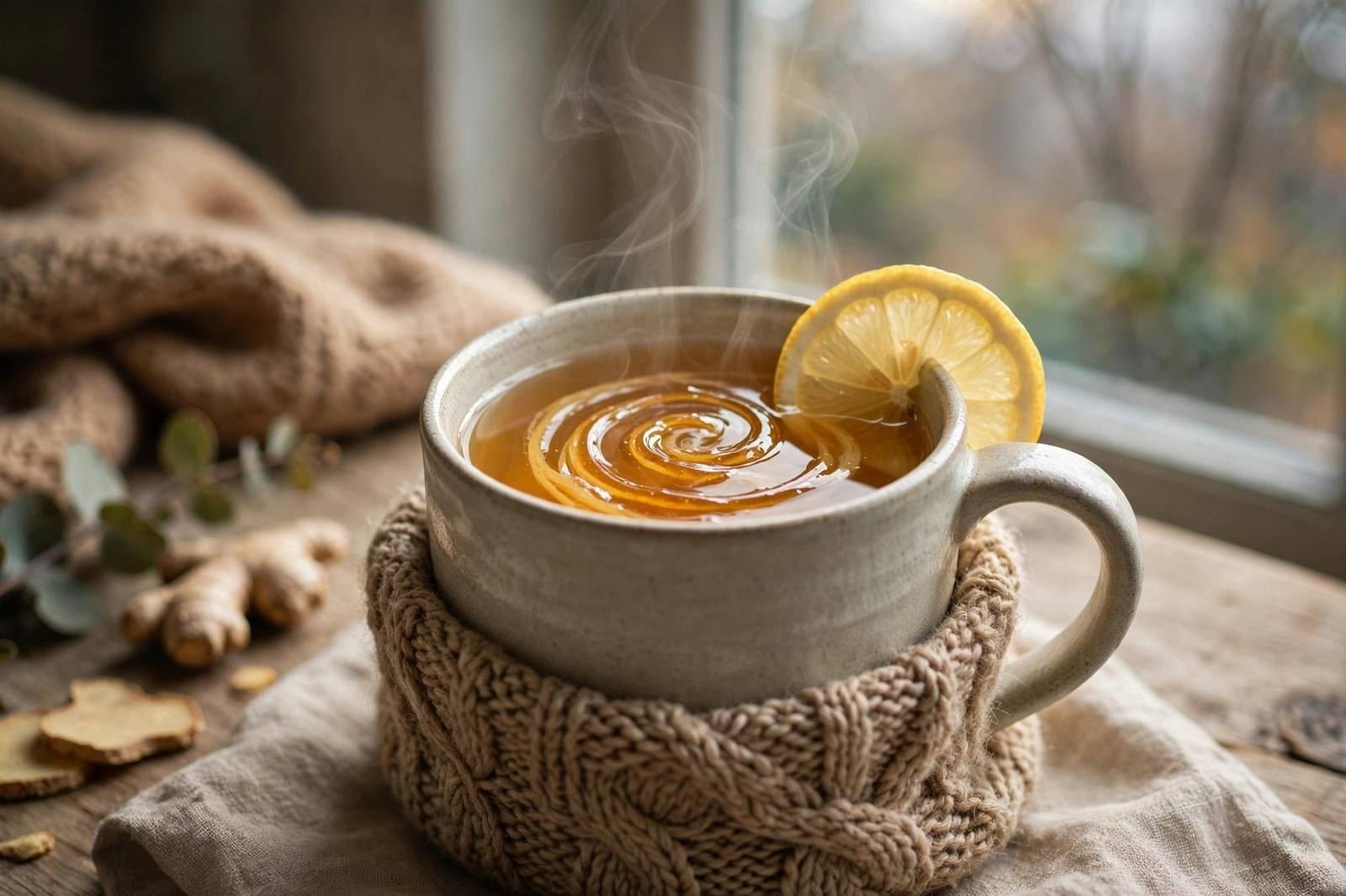 Cup of ginger tea with a lemon slice and honey swirl in soft window light