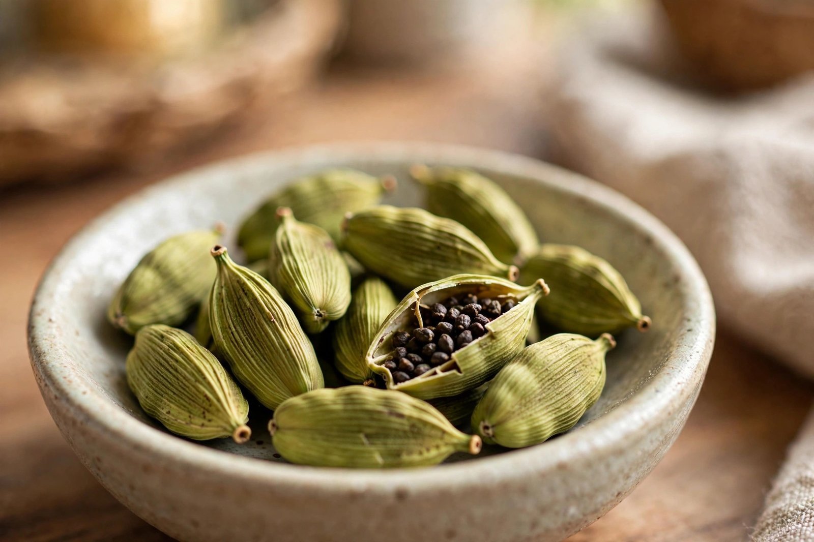 Green cardamom pods in a small ceramic bowl, one pod split open showing dark seeds