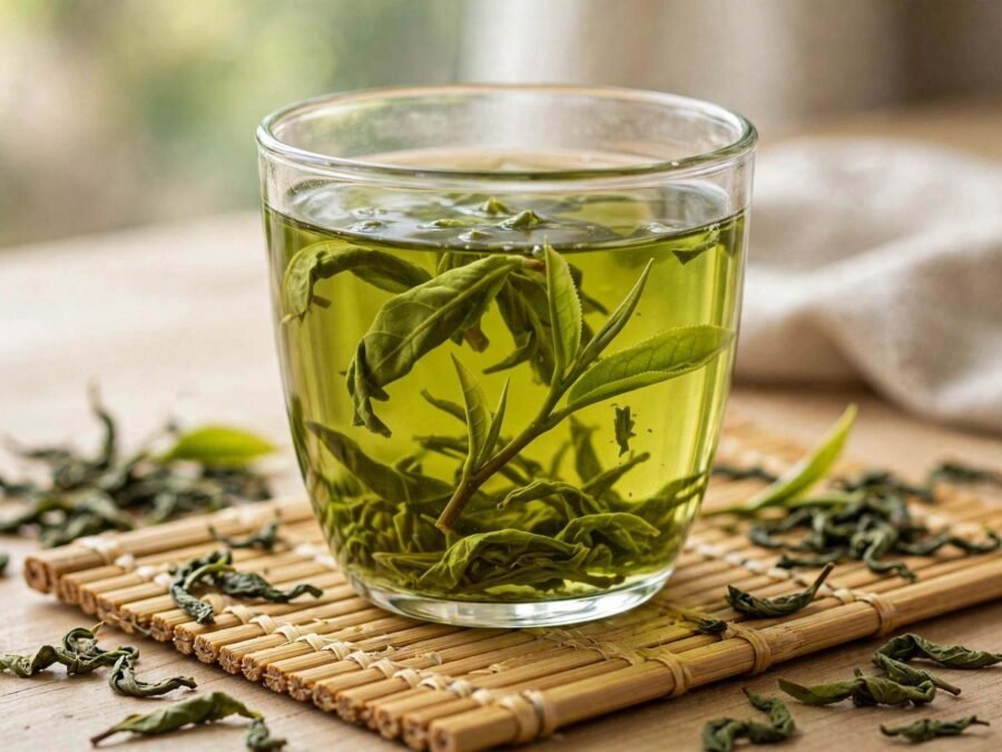 Clear glass cup of vibrant green tea with unfurling tea leaves on a bamboo mat in soft daylight