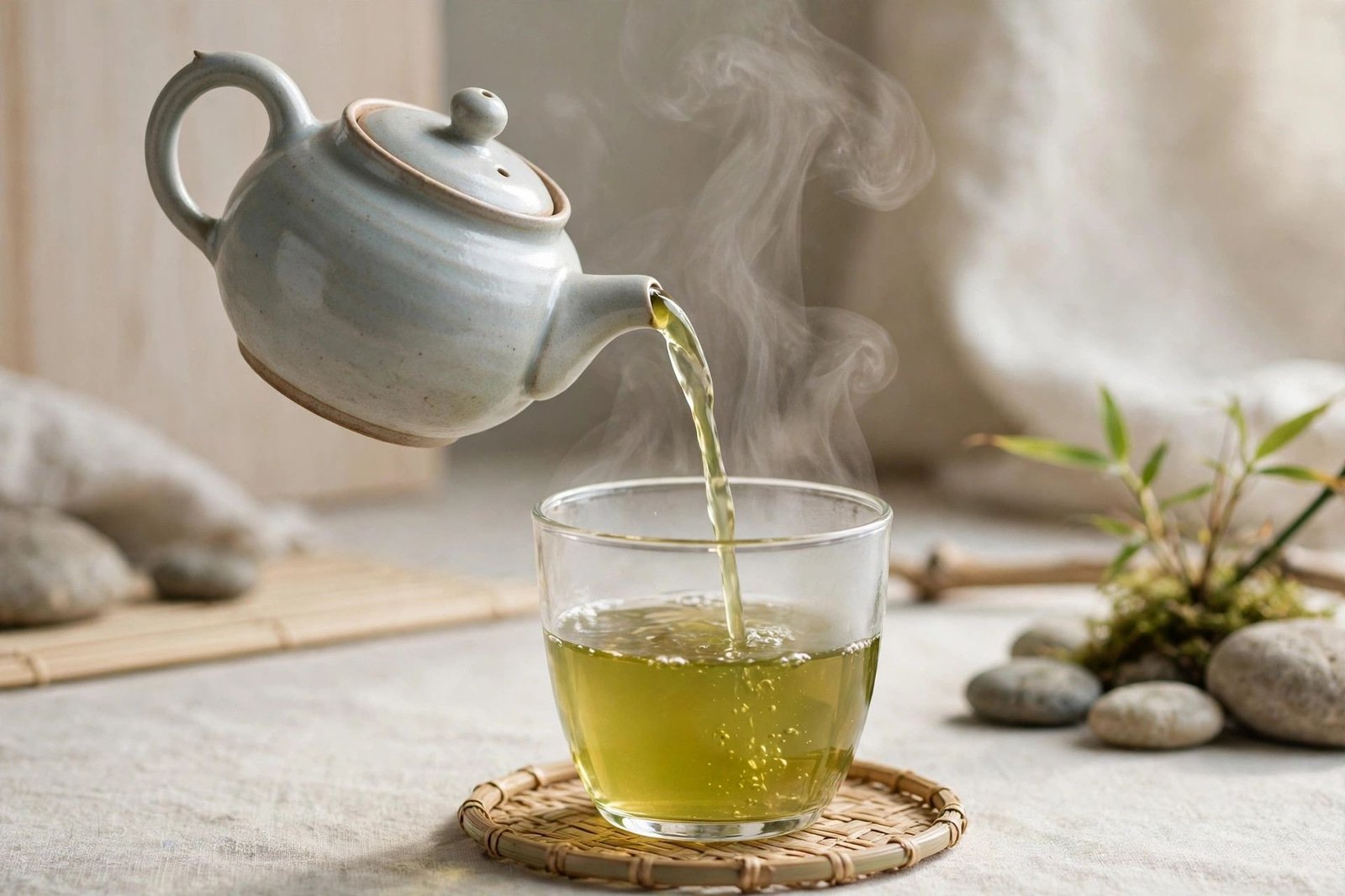 Small ceramic teapot pouring green tea into a clear glass cup with steam rising