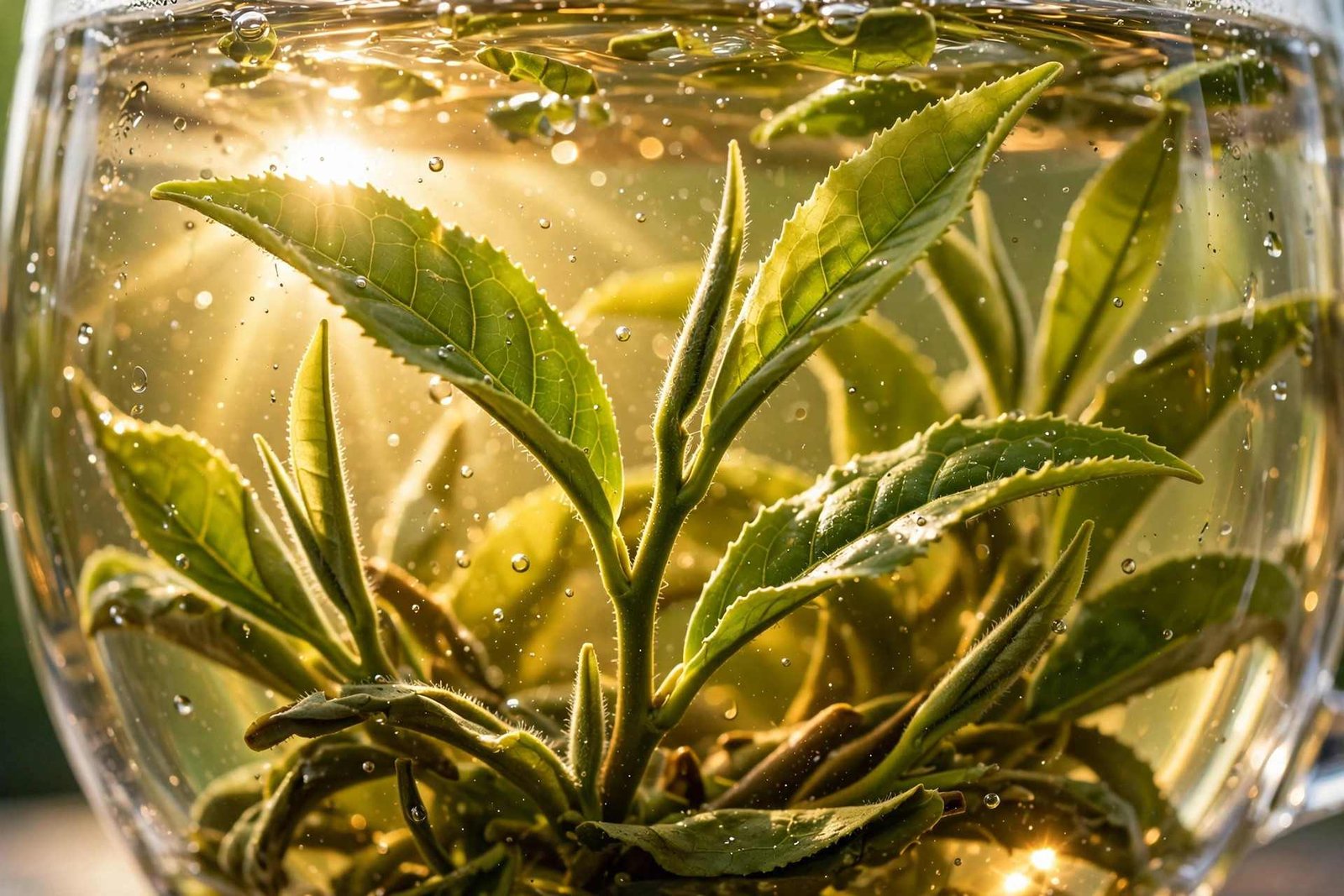 Extreme close-up of green tea leaves in a sunlit glass cup of brewed tea