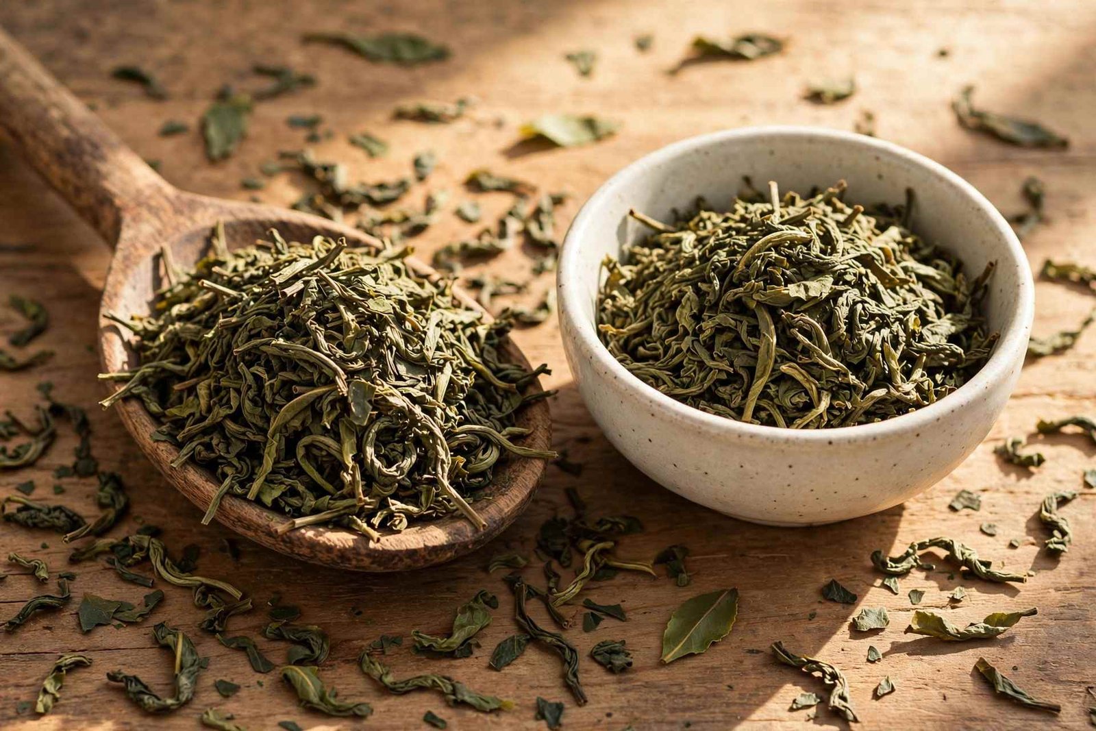 Wooden spoon heaped with loose-leaf green tea beside a bowl of dry tea leaves