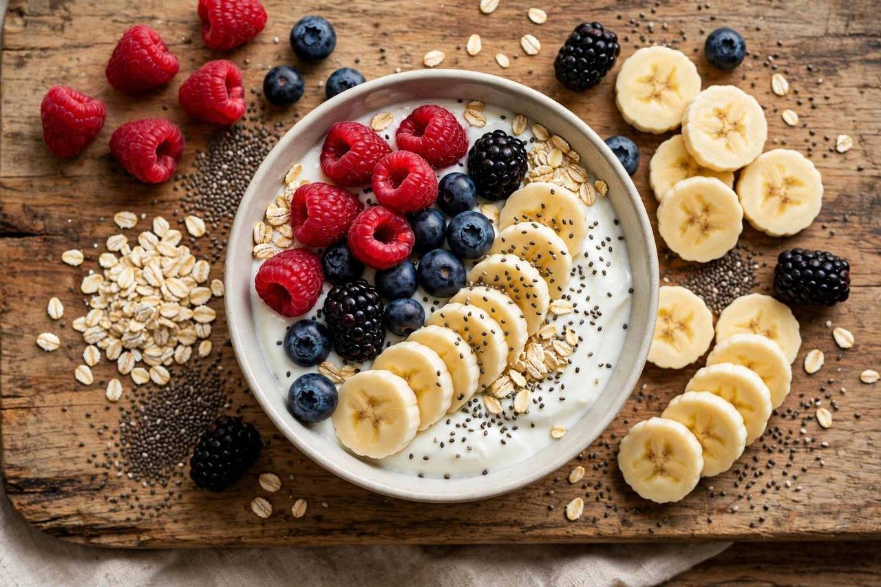 Yogurt bowl with berries, oats, bananas and chia seeds