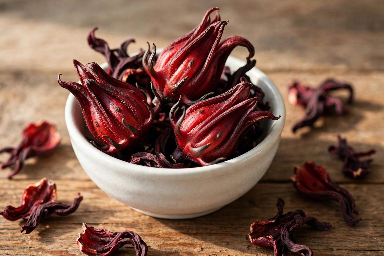 Dried hibiscus calyces in a small ceramic bowl