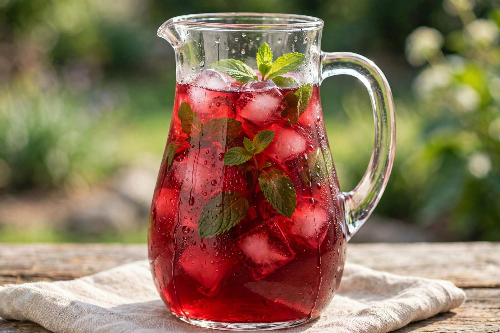 Pitcher of iced hibiscus tea with ice cubes and mint