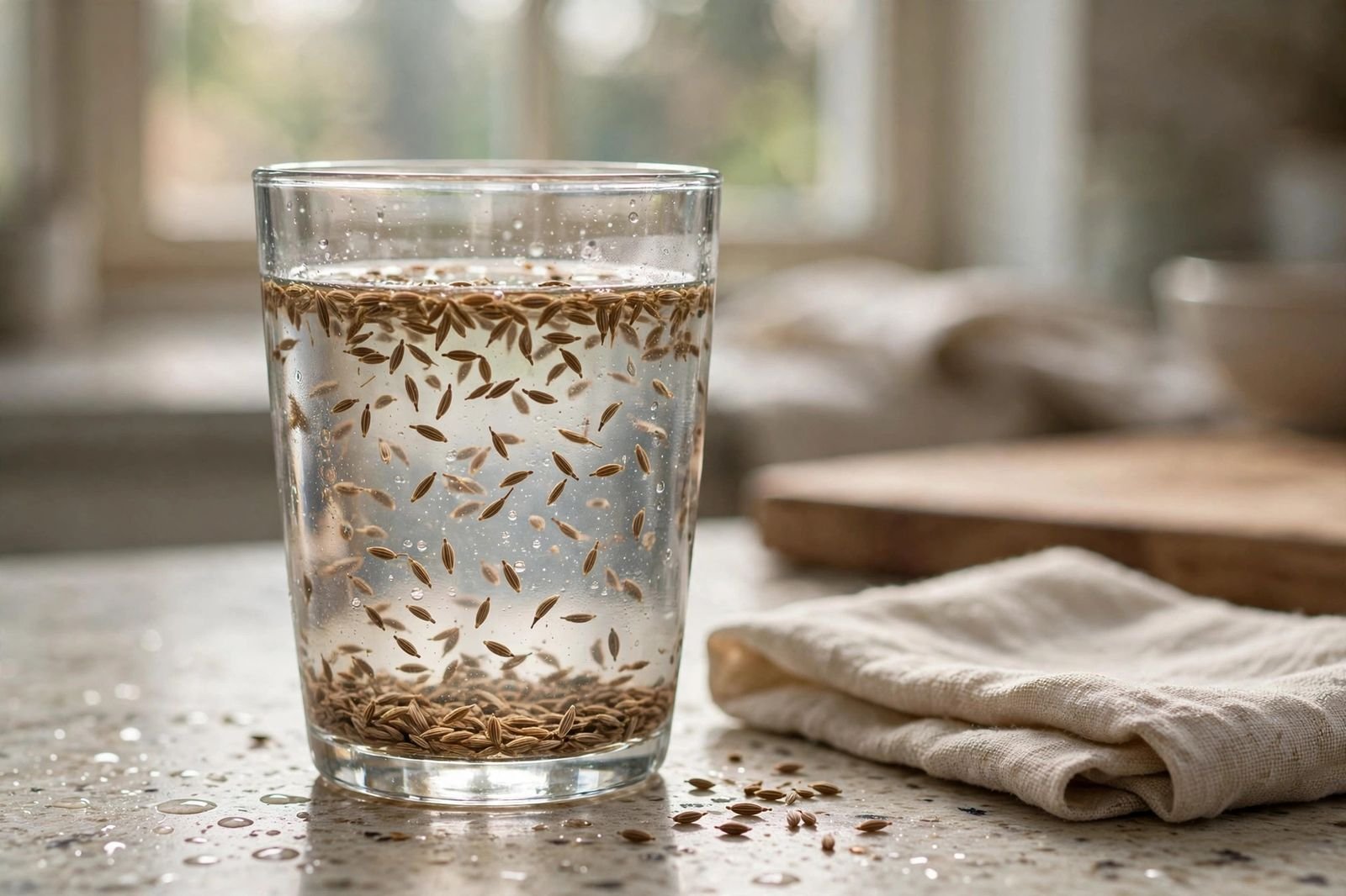 Cumin seeds soaking overnight in a clear glass of water on a kitchen counter