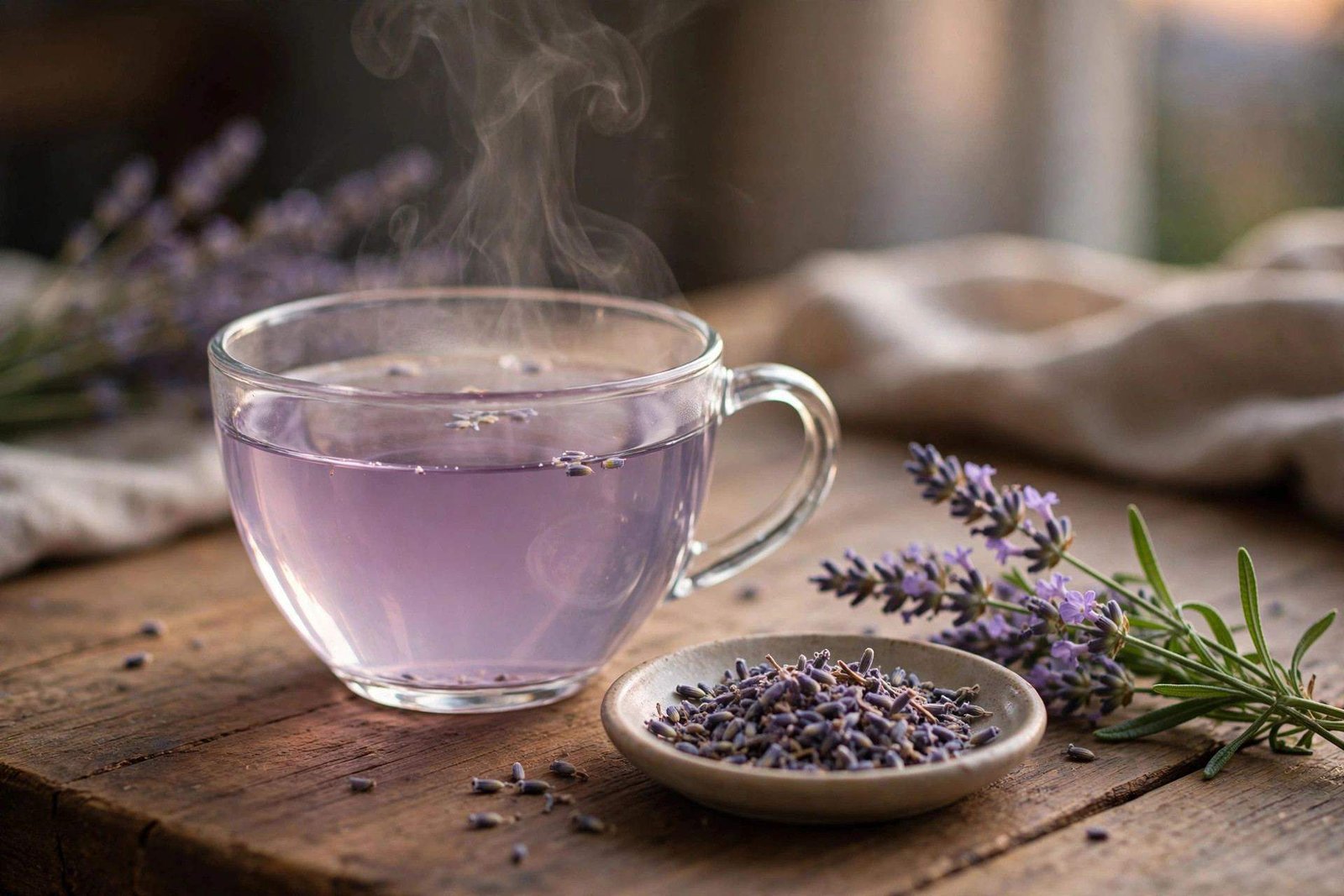 Glass teacup of steaming pale lilac lavender tea beside a small dish of dried purple lavender buds and a fresh lavender sprig