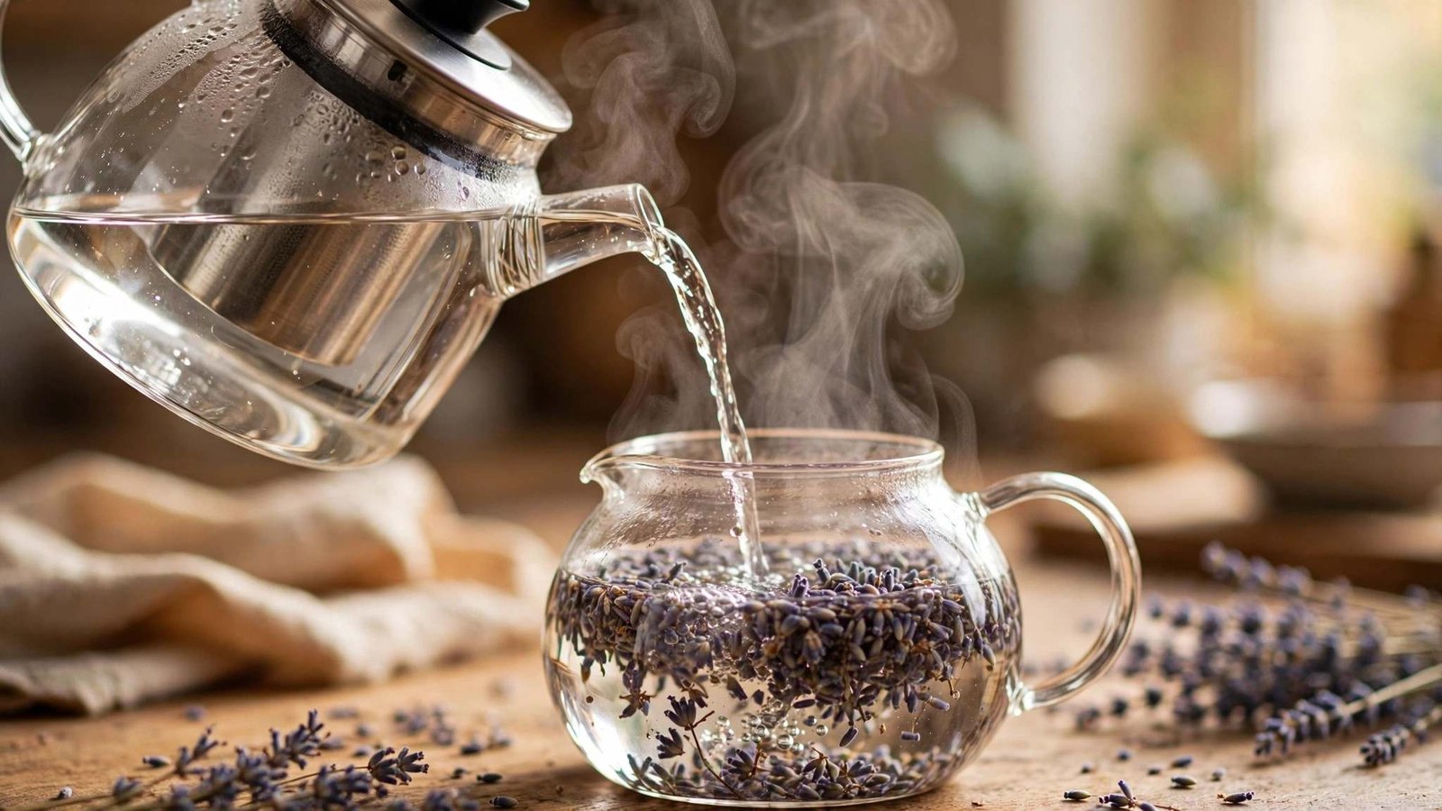 Hot water being poured from a clear glass kettle into a glass teapot filled with dried purple lavender buds, steam rising
