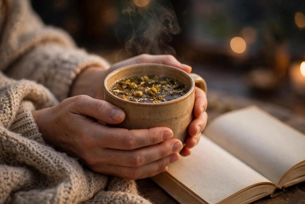 Hands cradling a warm mug of lemon balm tea in the evening
