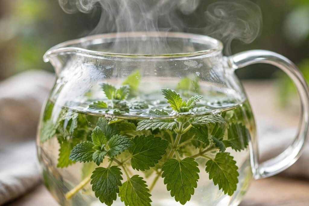 Fresh lemon balm leaves steeping in a clear glass teapot