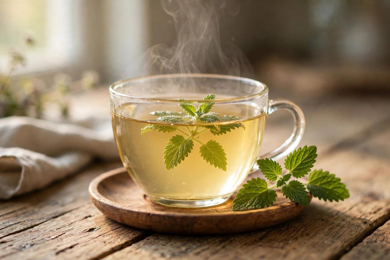 Glass teacup of steaming pale golden lemon balm tea with fresh green lemon balm leaves on a wooden table