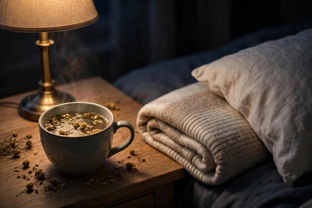 Cup of lemon balm tea on a bedside table with a dim lamp