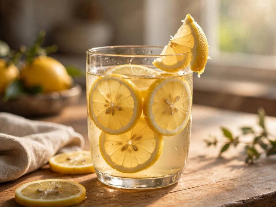 Glass of warm lemon water with fresh lemon slices and a lemon wedge on a sunlit wooden kitchen counter