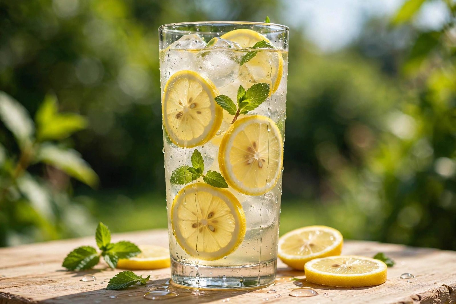 Tall glass of iced lemon water with lemon wheels and mint on a bright table