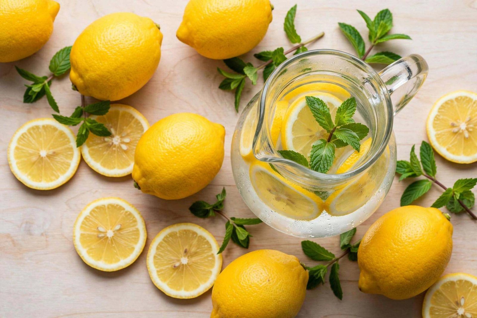 Flat lay of fresh lemons, lemon slices, a glass pitcher of lemon water and mint sprigs on a wooden board